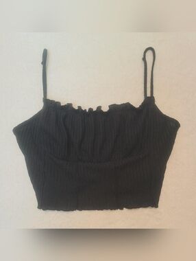 Black Ribbed Crop Cami with Ruffled Neckline